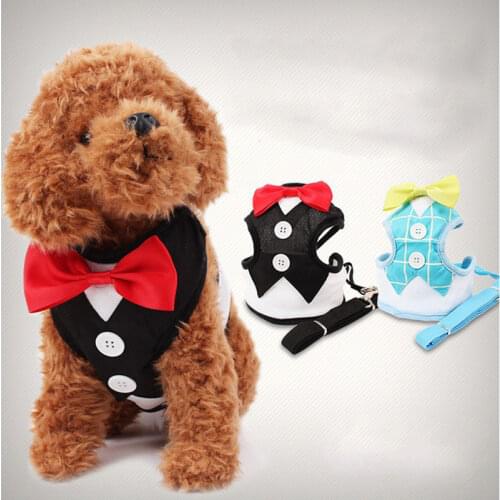Fashion Dog Harness & Leash Pet Leads for Small Dogs Puppy Dog Harness Vest with Bow Tie Party & Wedding Formal Tuxedo Costume
