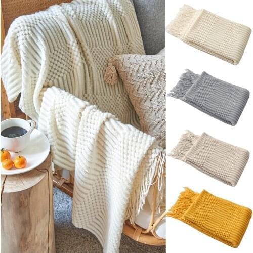 Nordic Knitted Blanket Bed Sofa Throw Blanket With Tassels Solid Colour Leisure Shawl Blanket Travel Air Conditioning Blankets