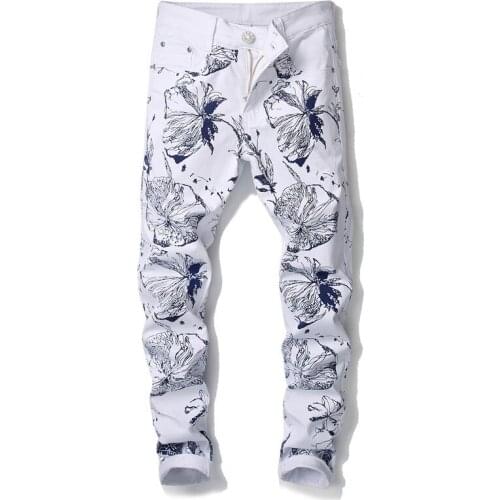 New 2018 mens male fashion printed jeans denim casual pants foreign trade straight slim white graffiti stretch trousers