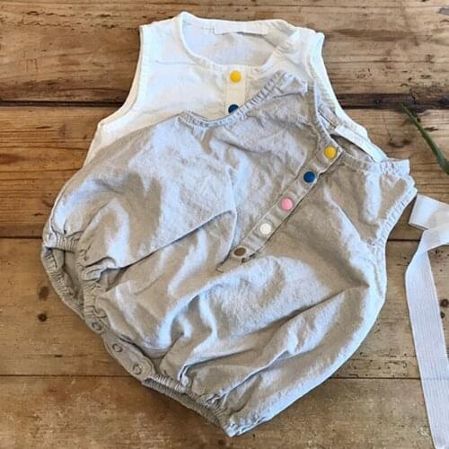 Solid Color Infant Baby Summer Bodysuit Linen Cotton Sleeveless Elegant Button Romper Baby Girls Overalls Children High Quality