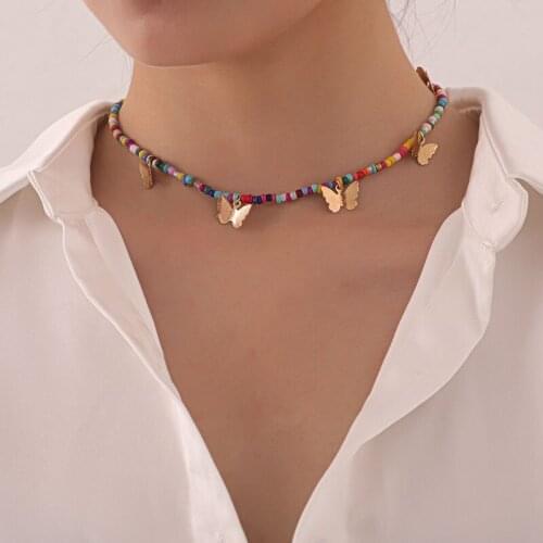 Ethnic Colorful Acrylic Beads Alloy Butterfly Charm Choker Necklace for Women Fashion Geometric Clavicle Necklaces Jewelry Gift