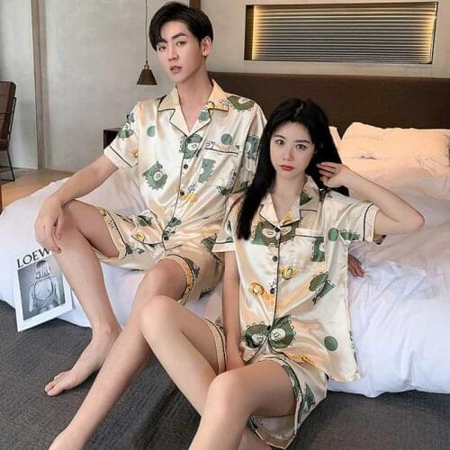SLPBELY Couple Pajamas Set Homesuit Summer Faux Silk Dinosaur Printed Lapel Short Sleeve Lover Sleepwear Men Women Pyjamas Cute