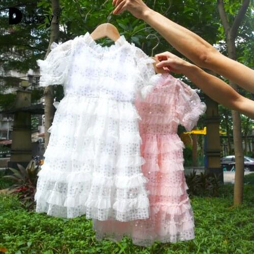 Girls Fluffy Princess Dress 2021 New Girls Sparkle Dress Puff Sleeve Tulle Dress Girls Sequin Dress Layered Dress for Girls