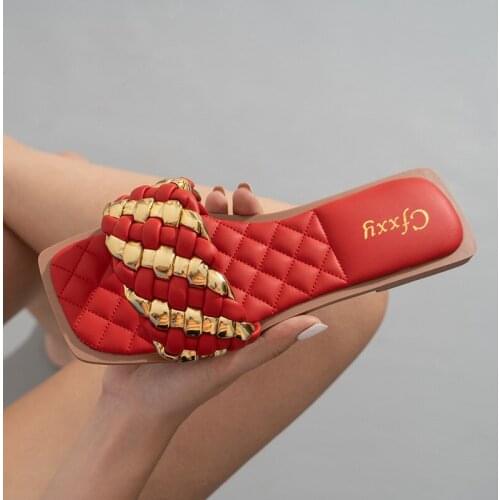 Women Slippers Fashion Gold Weave Summer Slides Open Toe Ladies Flats Casual Shoes Beach Outdoor Female Flip Flop Big Size 42