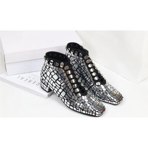 Sestito Women Sexy Rivets Lace-up Ankle Boots Girls Square Low Heels Dress Party Shoes Ladies Fashion Square Toe Martin Boots