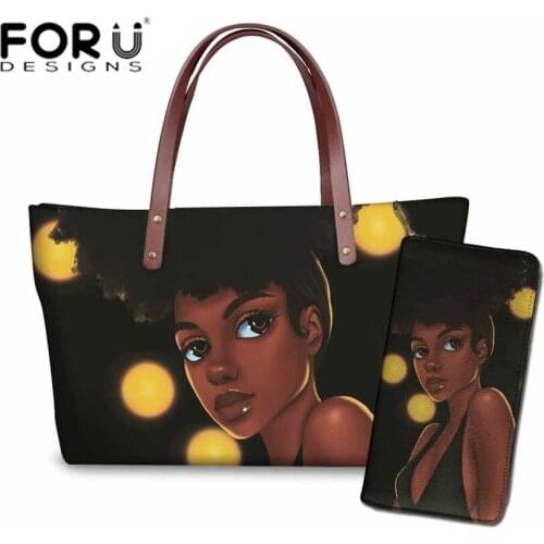 FORUDESIGNS Handbags&Wallet Women Black Art African Girls Printing 2pcs/set Hand Bag Ladies Travel Tote Bag for Females Bolsa
