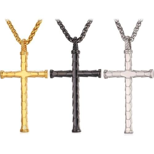 Unique Cross Necklace Pendant With Bamboo Scales Shape Christian Jewelry Stainless Steel/Gold Color Chain Men 2017 New GP2426