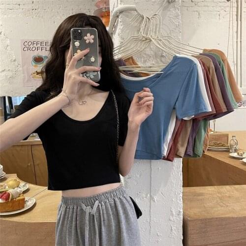 T-shirt Womens New Korean Style Small Sexy Leaky Collarbone Loose Short Korean Style Top