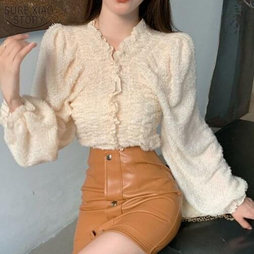 2021 Spring New Korean Loose V-neck Lantern Sleeve Shirt French Sweet Lace Blouse Pleated Long Sleeve Top Women Chemisier Femme