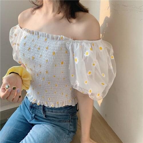 Women Bubble Sleeve Shirts Korea Fashion Small Daisy Embroidery Mesh Shirts Summer Short Sleeve Off Shoulder Navel Shirt Tops