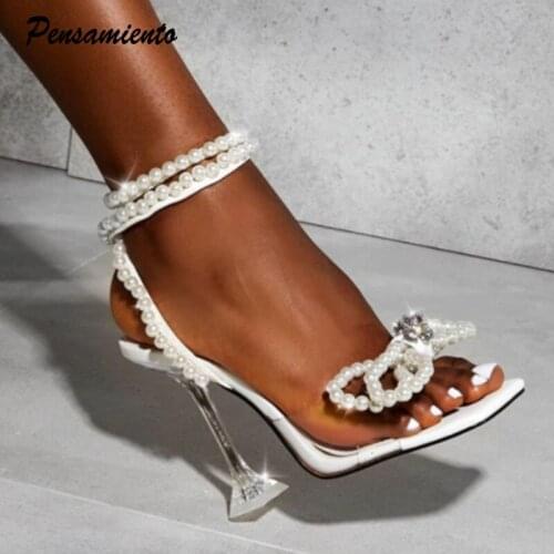 2021 Star style Luxury Pearls Bowknot Women Sandals Fashion High heels Ankle strap Gladiator Sandals Summer Party Prom Shoes