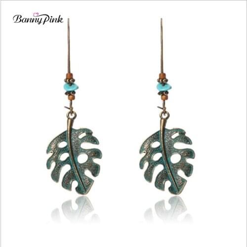 Banny Pink Ethnic Metal Hollow Leaf Pendant Earrings For Women Bohemia Synthetic Stone Dangle Earrings Fashion Jewelry Pendiente