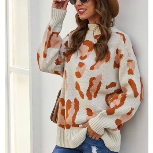 Women Leopard Pattern Long Sleeve Knitting Sweaters Pullovers Female Winter Loose Jumper Plus Size Autumn Knitted Sweater