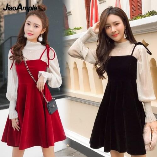 Women Dress Suit 2021 Spring Autumn New Long-sleeved Blouse Velvet Suspender Skirt Two-piece Korean Fashion Elegant Dresses Set