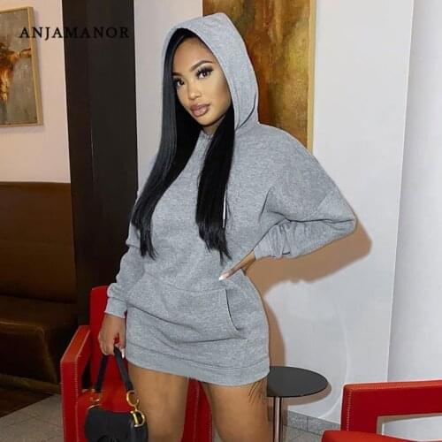 ANJAMANOR Pocket Hooded Long Sleeve Dress 2021 Fall Clothes for Women Fashion Street Style Grey Casual Loose Dresses D85-DZ49