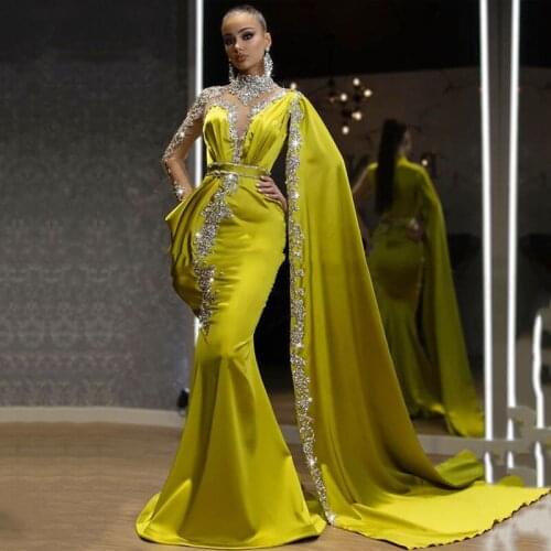2020 Sheer Long Sleeve High Neck Evening Dresses Beaded Rhinestones Mermaid Prom Gown Cape Satin Arabic Dubai Party Dresses