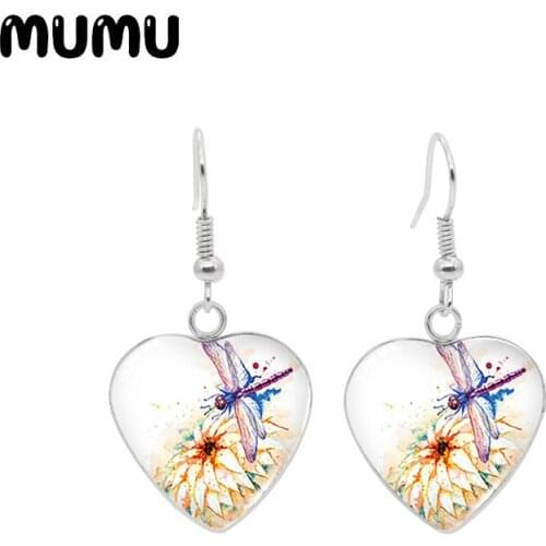 2021 New Dragonfly Flower Heart Earring Glass Dome Jewelry Stainless Steel Fish Hook Earrings Gifts Girl