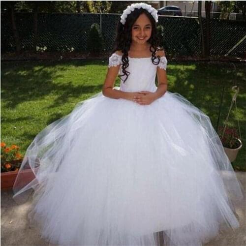 White Off the Shoulder Ball Gown Girls Prom Dresses for Wedding Lace Appliques Kids Communion Dress Princess Flower Girls Dress