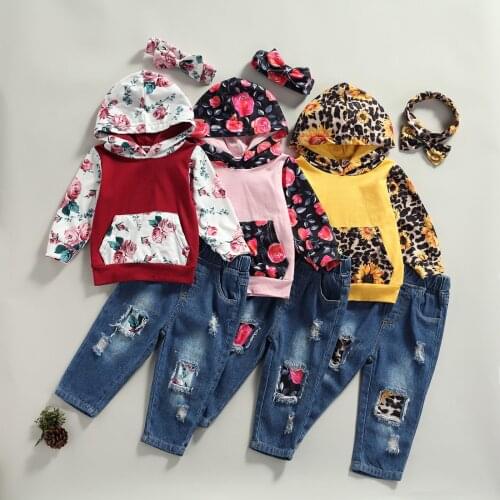 Kid 3 Pcs Leopard/Flower Print Outfits, Baby Girls Color Block Long Sleeve Hoodie with Pocket + Ripped Jeans + Bowknot Headband