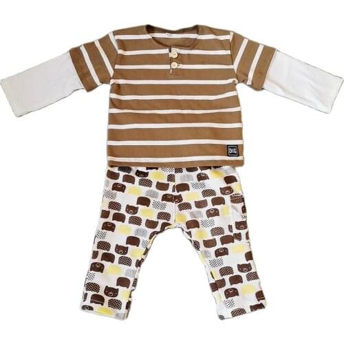 Hot sale Summer boys long sleeve suit stripes t-shirt and brown bear pants sets for kids boy