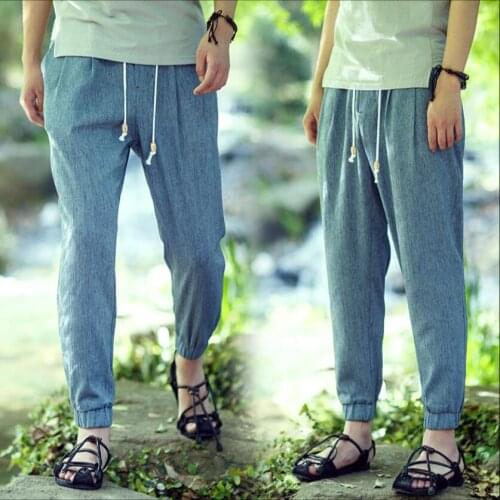 M-5xl 2021 Summer Men Clothing Fashion Loose Waist Ankle-length Pants Men Casual Blue Trousers Cotton And Linen Harem Pants