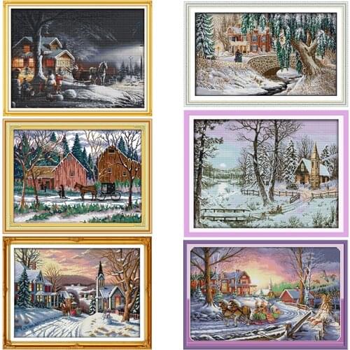 Counted Printed Cross Stitch Set Embroidery for Needlework Snow-covered Landscape Pattern 11CT 14CT Handmade Stamped Fabric Kits