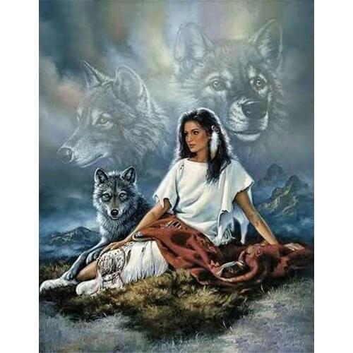 Animal Wolf and Woman Cross Stitch Printed Canvas DIY Embroidery 11CT Kits Craft Needlework Set Cotton Thread Home Decor Gift