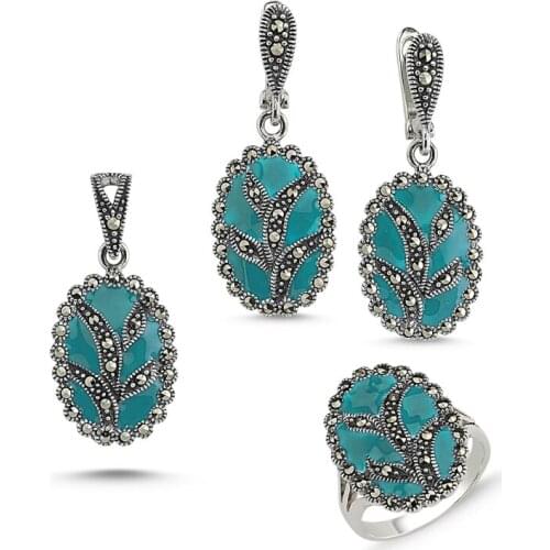 Silver 925 Sterling Marcasite Pendant Earring & Ring Set