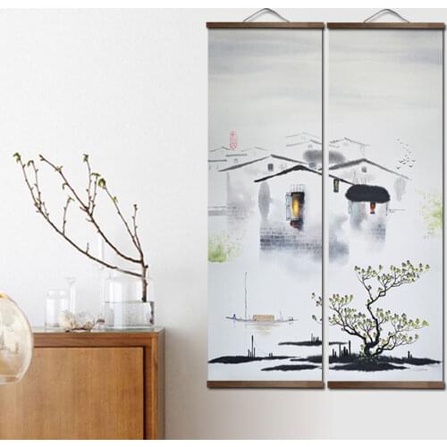 Chinese Style Landscape Green Plants Canvas Posters Prints Bedroom Living Room Wall Art Solid Wood Scroll Paintings with Frame