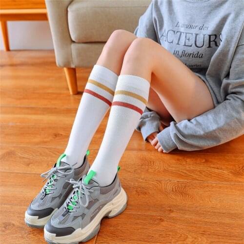 Spring and Autumn Parallel Bar Color Striped Womens Socks Flash Silver Cotton High Socks Students Color Matching Socks