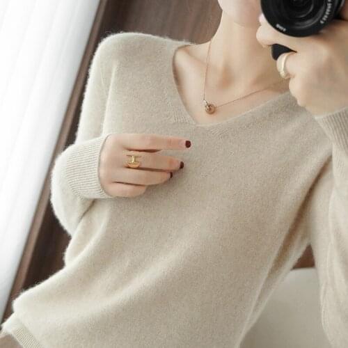 Smpevrg Autumn Womens Sweaters V-Neck Long Sleeve Soft Female Pullover 100% Wool Knitted Tops Pull Femme Warm Jumpers Clothing