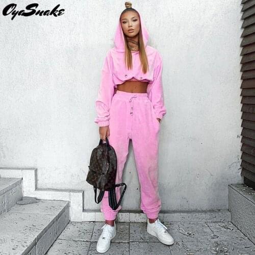 Oyasnake 2021 New Flannel Women Set Hooded Short Pullover Top+Drawstring Elastic Harem Sweatpant Loose Casual Solid 2-Piece Suit