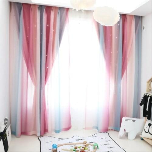 Gradient Stripe Tulle and Solid Hollow Star Curtains For Living Room bedroom Princess Window Thick Shading Curtain Fabric Drape