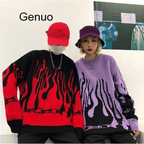Autumn Winter Harajuku Flame Knitting Batwing Sleeve Sweater Casual Long Women Tide Printed Sweater Loose Boyfriend Pullovers