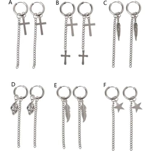 Fashion Hoop Earrings Gothic Stainless Steel Cross Feather Star Leaf Chain Dangle Drop Hoop Earrings