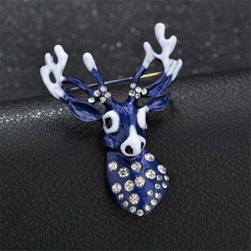 Blue Enamel Pin Rhinestone Christmas Reindeer Deer Head Brooch Jewelry Gold Color Brooches For Women Men Clothes Accessories NEW