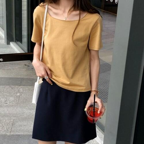 Top Slim Retro French Square Neck Short Sleeve T-Shirt Female Black Inner Clavicle Top Short Sleeve Student