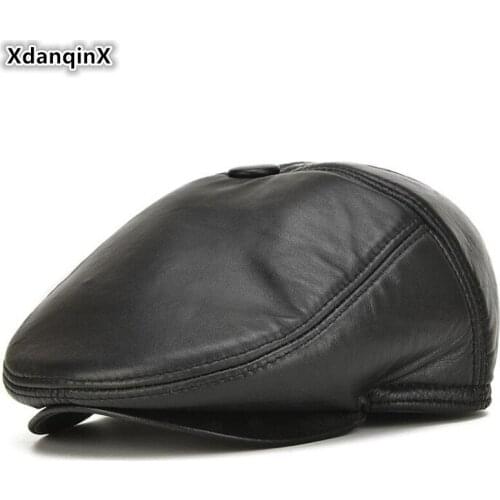XdanqinX Autumn Winter Mens Genuine Leather Caps Thick Warm Berets Sheepskin Leather Brands Hats Snapback Cap Dads Leather Hat