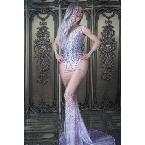 Mermaid skirt long evening dress nightclub car model stage female singer rhinestone costume