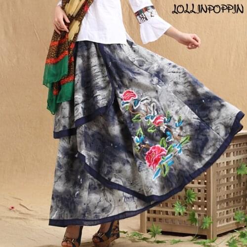 Floral Embroidery Chinese Style Tie Dye Womens Cotton & Linen Long Skirt Elastic Waist Irregular Layered Skirts Ethnic