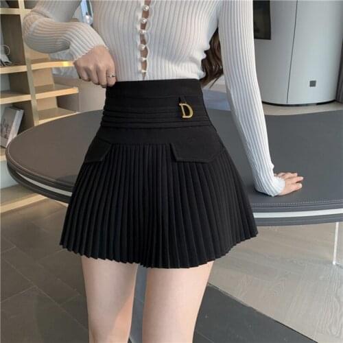 Women Metal Letter D Design A-Line Clubwear Korean Sexy Skirts Black Pleated Skirts Lady High Waist Mini Skirt Streetwear Casual