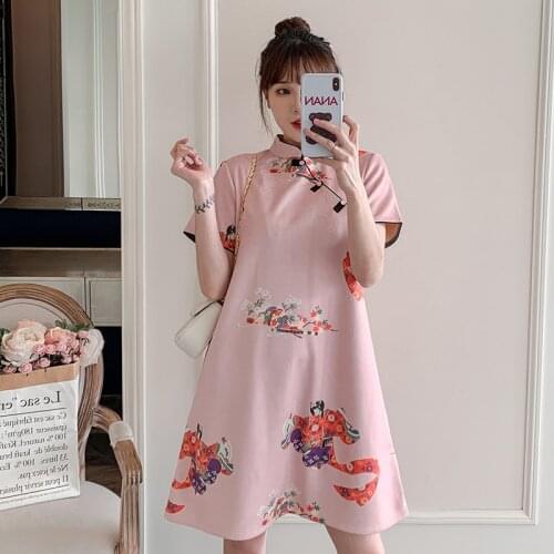 Plus Size M-4XL Peking Opera Print Pink Fashion Modern Cheongsam Dress for Women Short Sleeve Qipao Traditional Chinese Clothes