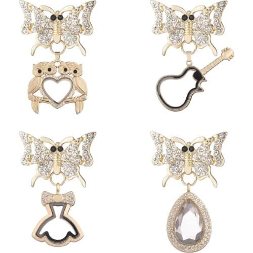 5pcs/lot Golden Rhinestone butterfly insect Brooches Glass Living Memory Lockets Fit Floating Charms Women Party Gift Jewelry