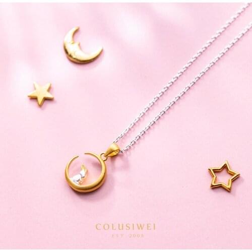 COLUSIWEI Genuine 925 Sterling Silver Cute Moon Rabbit Pendant Necklace for Women Silver Link Chain Necklace Fashion Jewelry