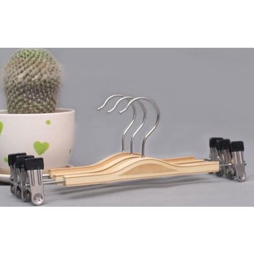 Natural wooden pants hangers with metal clips for kids