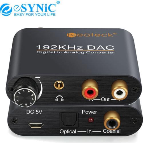 ESYNiC Digital to Analog Audio Converter Coaxial Toslink to RCA 3.5mm Jack Audio Adapter With Volume Control 24bit 192KHZ DAC