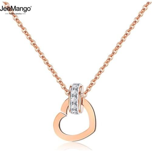 JeeMango Luxury Cubic Zirconia Circle Heart Charm Pendant Necklaces Rose Gold Stainless Steel Chain Neckalce Jewelry JN17063