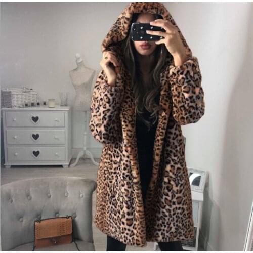 Leopard print faux fur leather jacket womens hood winter autumn warm Mid-length fur leather coat women loose jackets B336
