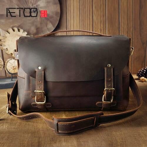 AETOO Leather mens handbags, cowhide retro shoulder bags, crazy horse leather personality messenger bags, mens messenger bags