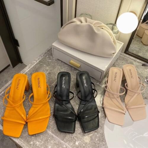 2021 INS Summer Elegant Women 5cm Square High Heels Slides Mules Designer Black Orange Pink Heels Beach Slippers Female Shoes